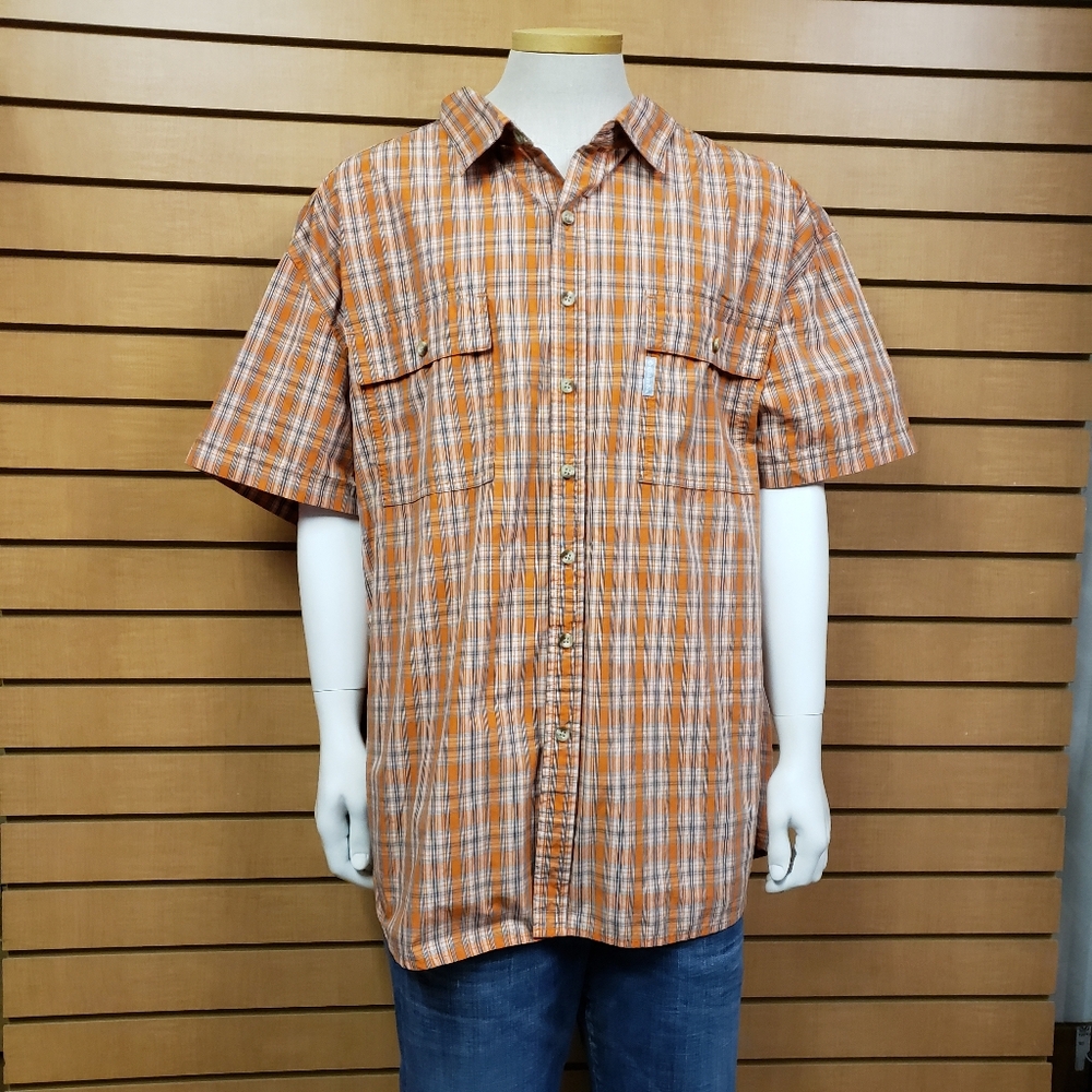 Columbia Omni Shade Orange Plaid Button Down Shirt Outdoor fishing hiking